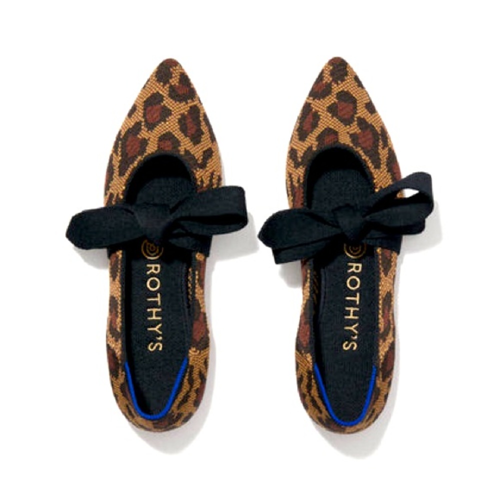 **RETIRED** Rothy’s Wildcat Leopard Print Pointed Toe Mary Jane Flats w/ Bow (9)